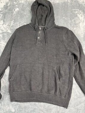 H&M L.O.G.G. Mens Gray Knit Hoodie Button Placket Kangaroo Pocket XL